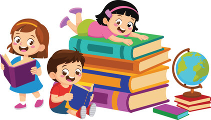 Cheerful happy school children kids reading books, learning globe, education student boy and girls, fun childhood study time illustration, back to school concept, isolated white.