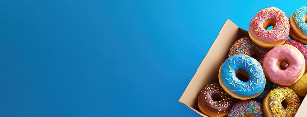 Colorful doughnuts with sprinkles in an open cardboard box, inviting you to indulge in sweet treats on a bright day