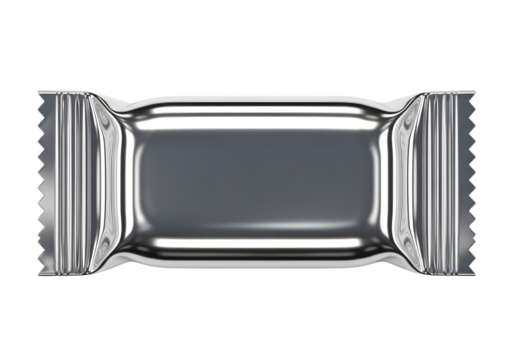 Shiny silver candy bar wrapper with crimped edges and reflections isolated on a transparent background