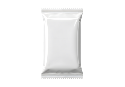 Shiny white rectangular food packaging wrapper with serrated edges and horizontal lines isolated on a transparent background