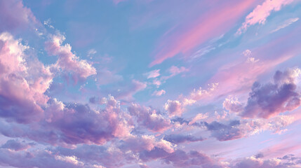 A mesmerizing view of fluffy clouds painted across a sky of soft hues, evoking a sense of tranquility. The blend of colors creates a dreamy atmosphere