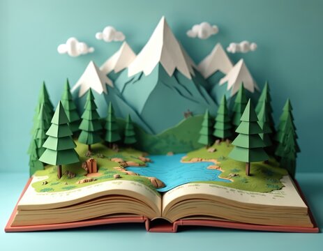 An opened storybook features 3D papercraft diorama of mountains trees lake and clouds. Paper art scene looks vibrant like children book illustration. Education concept learning art for kids.