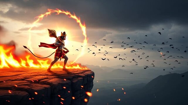 Hanuman's Fiery Leap: Divine Power Amidst Stormy Skies and Soaring Birds