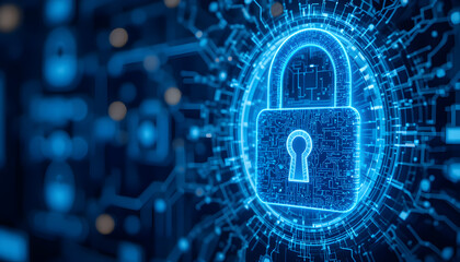 Digital padlock icon representing cybersecurity and data protection, glowing with blue light against a circuit board background, symbolizing online security and network defense