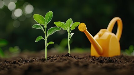 Springtime garden delight with vibrant seedlings and cheerful watering can on rich dark soil