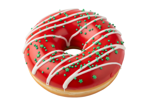 Vibrant Christmas Donut Isolated on White: Sweet Red Glaze with White Drizzle & Green Star Sprinkles for Holiday Festivities