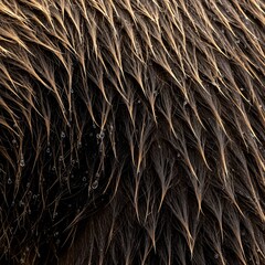 Close up texture of wet brown fur with water droplets clinging, showcasing natural detail and organic pattern for wildlife or textile design inspiration