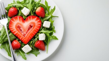 A heart-shaped arugula salad featuring fresh strawberries and feta cheese on a white plate creates a romantic dining experience