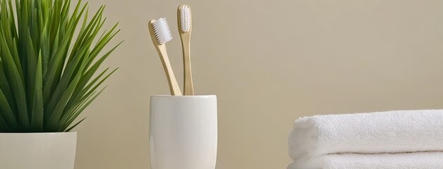 Elegant bamboo toothbrush holder with natural touches and minimalist design on a serene table setting
