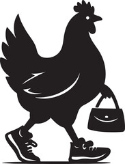  a chicken wearing sneakers and carrying a handbag walking confidently silhouette vector.