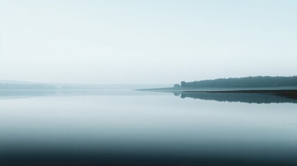 Fototapeta premium Misty Landscape with Calm Water and Soft Reflection Over Lake at Dawn, Serene Natural Beauty and Tranquil Atmosphere in Morning Light