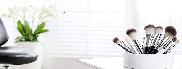 Elegant makeup brushes in a white container showcase artistry in a chic beauty salon setting, perfect for professional applications and aesthetics