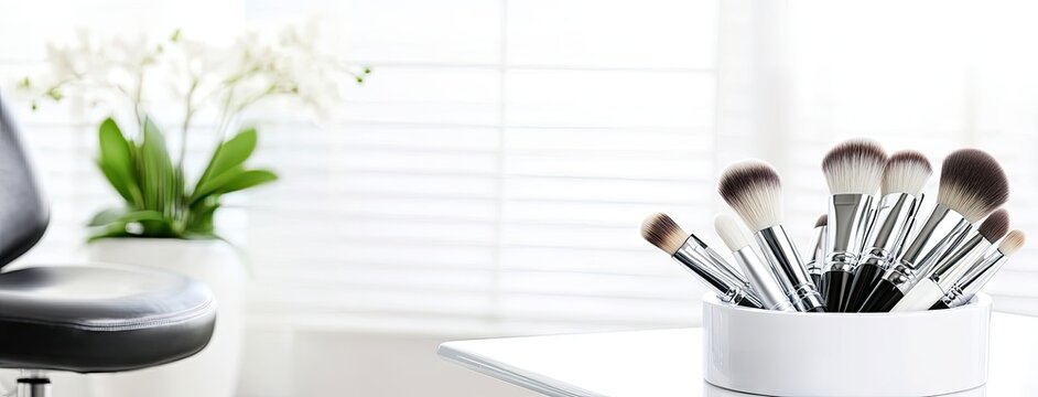 Elegant makeup brushes in a white container showcase artistry in a chic beauty salon setting, perfect for professional applications and aesthetics - Powered by Adobe