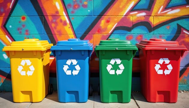 Four colorful recycling bins stand against a vibrant graffiti wall. Yellow, blue, green, and red containers feature universal recycling symbols. Waste management concept.