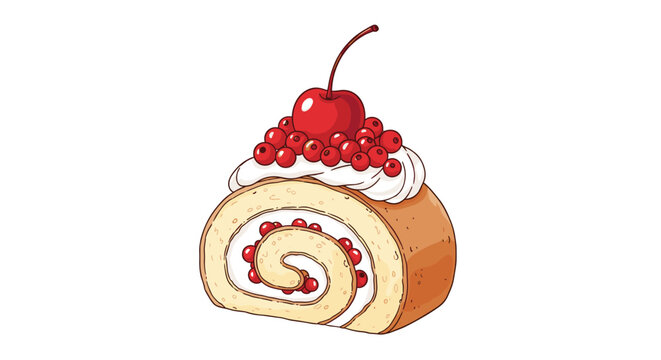 Delicious slice of a swiss roll cake with a creamy spiral filling and berries topped with whipped cream and a single red cherry.