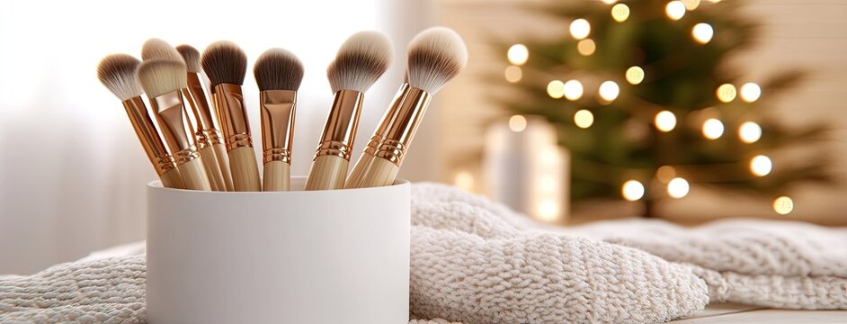 Elegant makeup brushes arranged in a chic white container on a stylish salon table with an enchanting beauty atmosphere