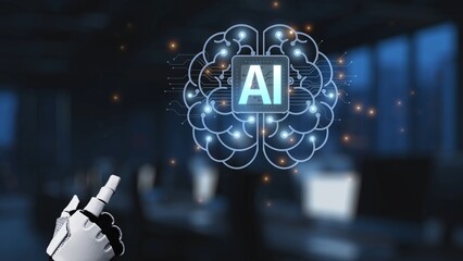 A futuristic concept of artificial intelligence depicted by a brain design with a robotic hand, symbolizing innovation in technology and interaction in a modern workspace. Synapse