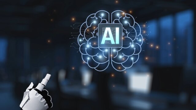 A futuristic concept of artificial intelligence depicted by a brain design with a robotic hand, symbolizing innovation in technology and interaction in a modern workspace. Synapse