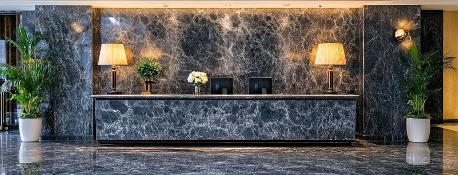 Sophisticated reception area showcasing modern design with dark gray marble elegance and minimalist decor in an upscale setting