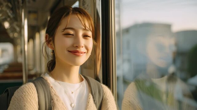 女性が大学の通学電車で朝日を目を閉じて感じる学びの始まり