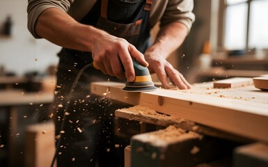 Close-up of a Carpenter Sanding Wood, Creating Fine Dust Particles in Workshop