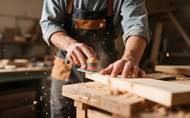 Close-up of Carpenter Sanding Wood with Apron and Sawdust in Workshop