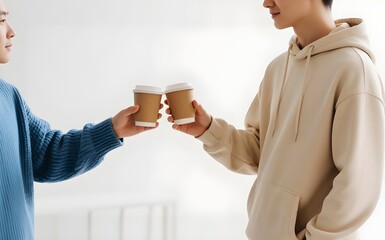 Coffee cheers: Two friends toasting with takeaway cups against a white background.