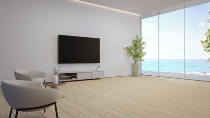 Minimalist living room with smart tv and media console above wooden floor in cozy interior 3d rendering. Sea view through large glass window beach house for calm vacation copy space product mockup.