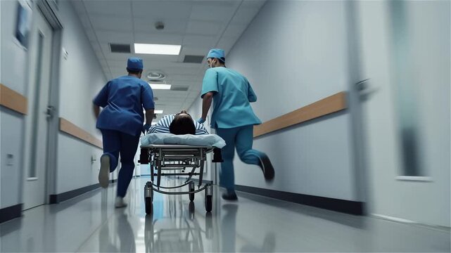 Medical team rushing patient on stretcher through hospital corridor emergency response healthcare workers in scrubs