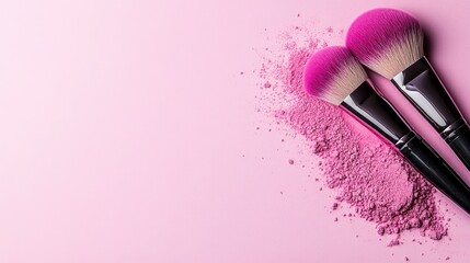 Elegant pink makeup brushes and soft powder create a dreamy beauty aesthetic on a pastel background