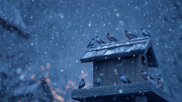 small birds on the birdhouse under the snow