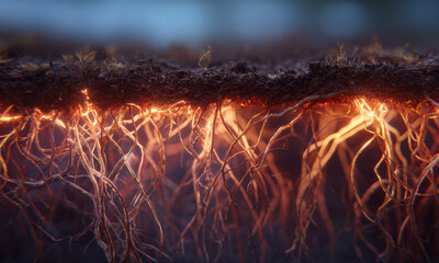 Glowing Underground Roots Radiating Warm Energetic Light