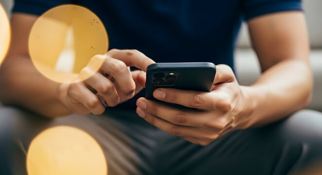 Man Hands Typing on Smartphone in Bright Ambient Light