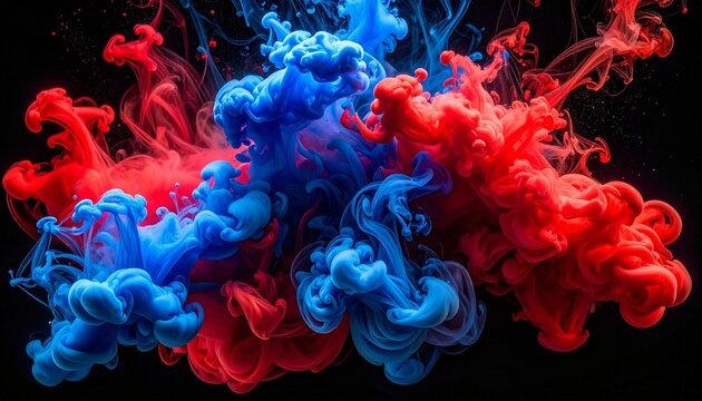 Red and blue ink swirling in water against black background, forming vibrant cloud-like patterns.