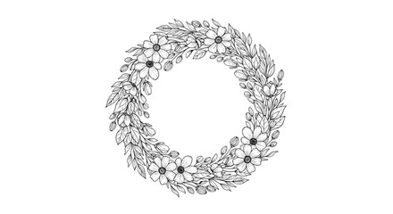 Elegant and intricate hand-drawn floral wreath in black and white featuring detailed flowers and leaves for a classic design.