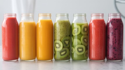 Six glass bottles of vibrant fruit and vegetable smoothies lined up on a counter