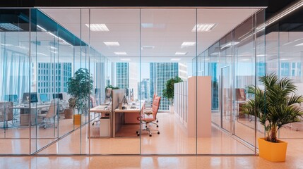 A spacious office with glass walls reveals a light-filled workspace. Desks and chairs await use, surrounded by potted plants, suggesting an inviting environment for collaboration