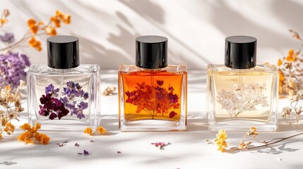 Elegant display of three ornate glass perfume bottles filled with dried flowers