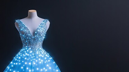 Sparkling blue sequined mermaid gown illuminated against a dark backdrop