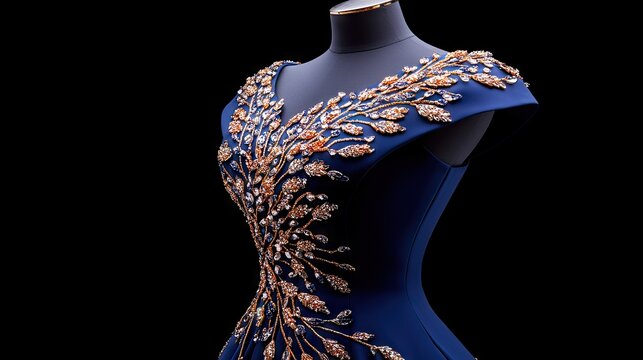 Elegant blue sequined mermaid gown illuminated with sparkling accents on mannequin against a dramatic black background