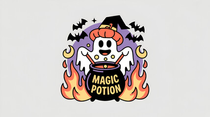 A cartoon ghost wearing a hat is stirring a cauldron labeled magic potion with bats and flames around it