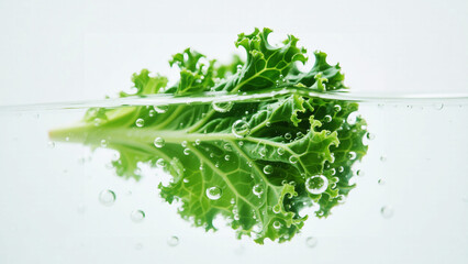 Fresh Kale Leaf Submerged in Water with Bubbles, Healthy Eating Concept