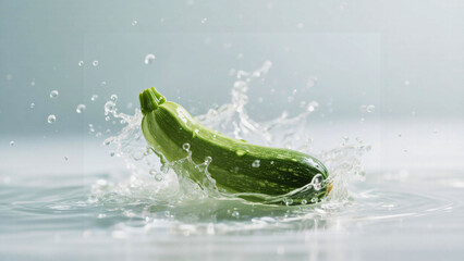 Fresh zucchini plunges into water creating a dynamic splash on a light background