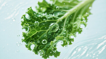 Fresh Kale Leaf with Bubbles in Water, Macro Close-Up, Healthy Eating Concept