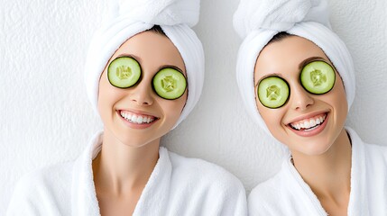 Relaxation and rejuvenation at a serene spa with friends enjoying cucumber eye treatment