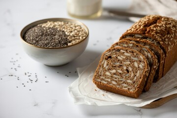 Sliced whole grain bread loaf with sunflower and chia seeds on a bright marble surface.