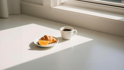 Morning Sunlight Illuminates Coffee, Croissant, and Orange Slice on White Surface