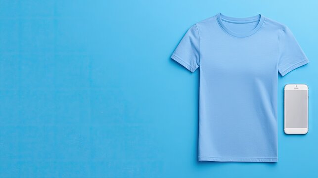 Woman showcasing light blue shirt for online retail with smartphone, capturing stylish and trendy e-commerce content