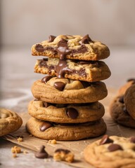 Stack of four freshly baked chocolate chip cookies with melted chocolate dripping