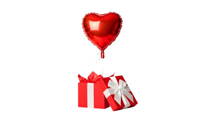 Red heart balloon over open gift box, isolated on transparent background